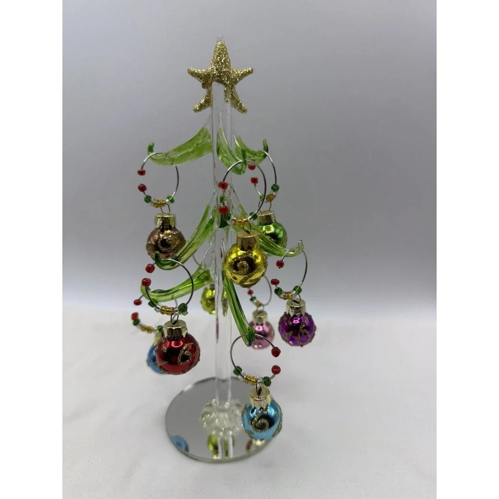 Gift Essentials Holiday Glass Tree with Beaded Glitter Ornament Wine Charms